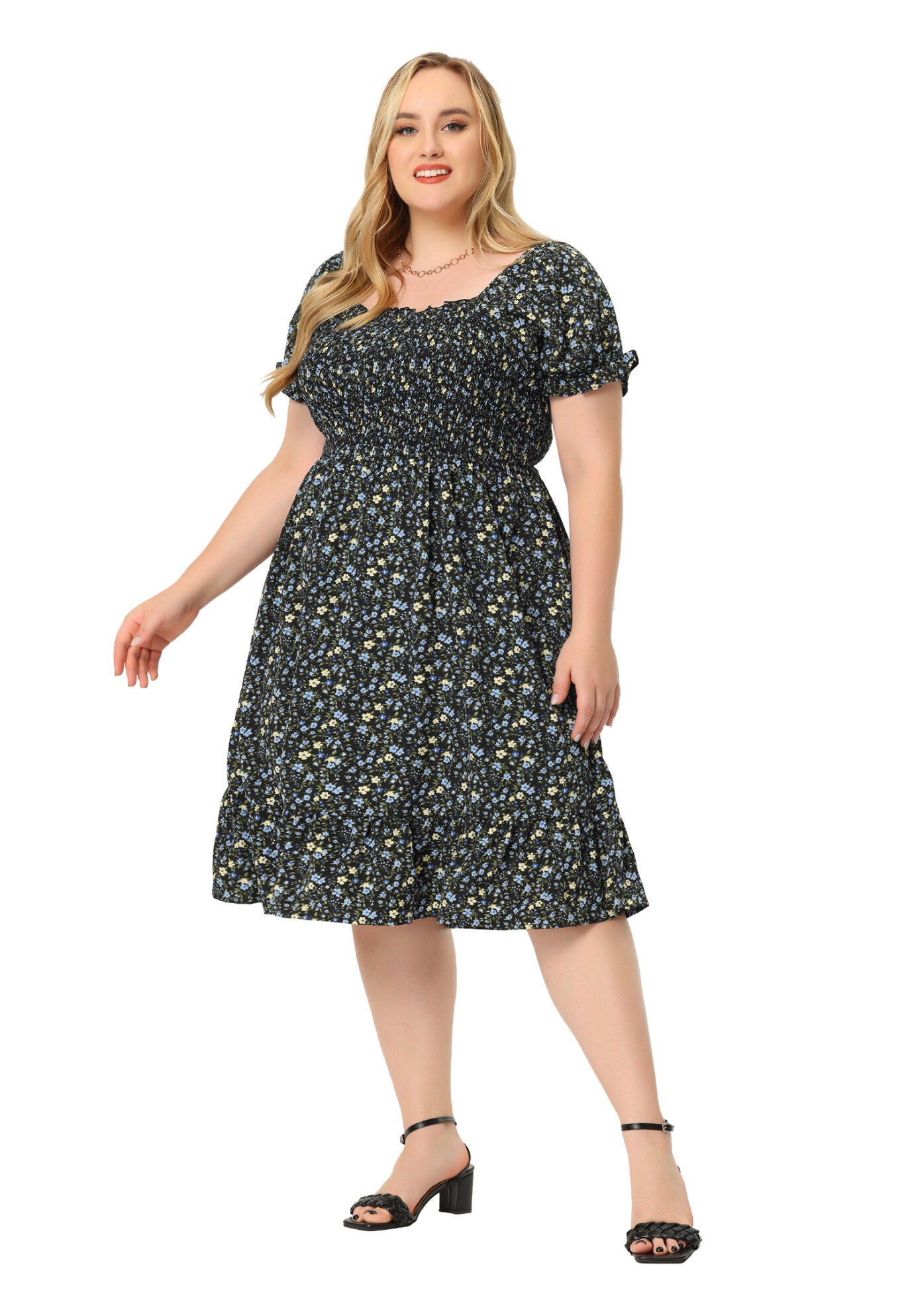 Ruffle Short Sleeve Flared Flowy Smock Floral Print Dress, Black / Black, hi-res image number 0