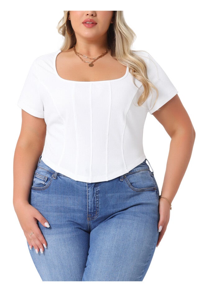 Short Sleeve Square Neck Slim Fitted Crop Top, White / White, alternate image number 2