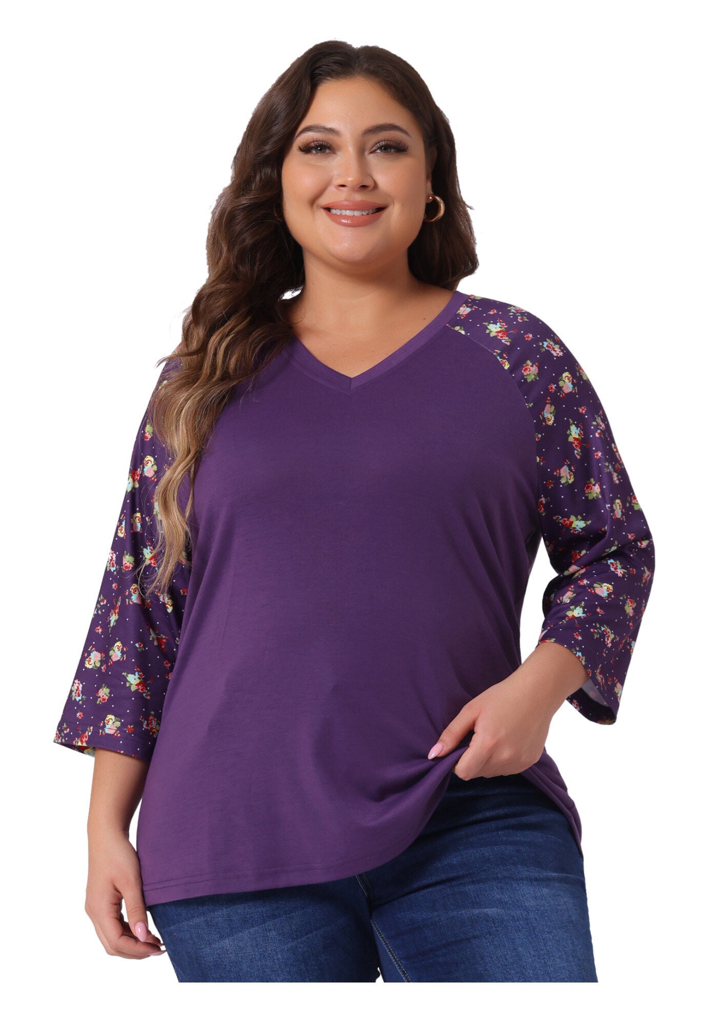 Casual V Neck 3/4 Sleeve Floral Raglan Top, Purple / Purple, alternate image number 2
