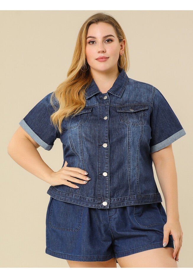 BUTTON FRONT CROP JEAN SHORT SLEEVE DENIM JACKET, Navy Blue / Navy, alternate image number 1