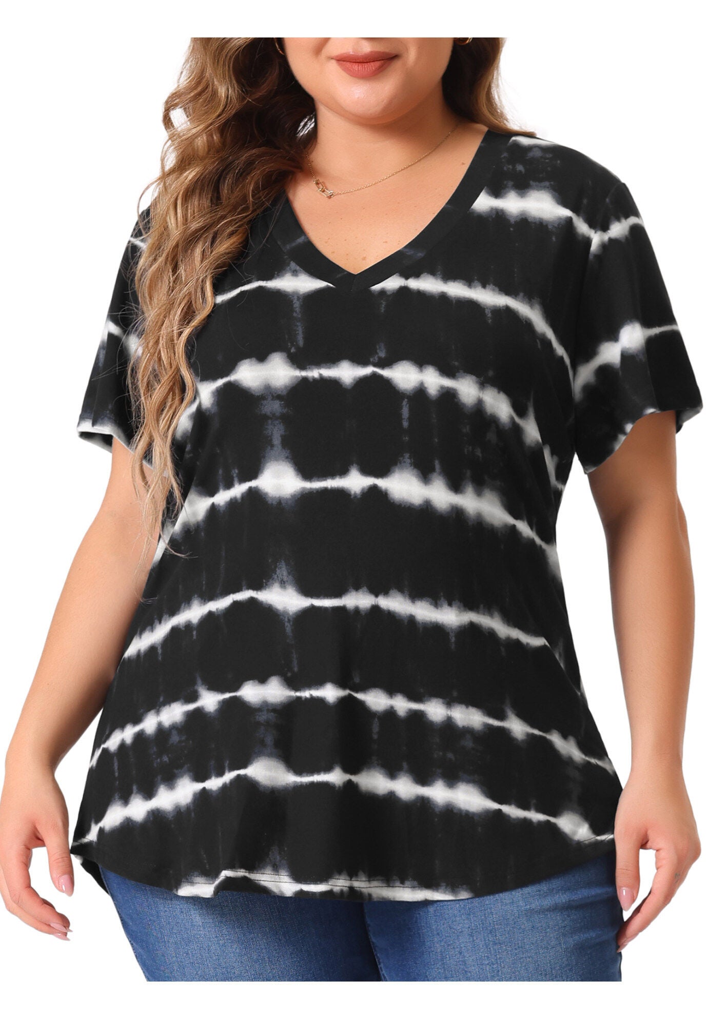 V Neck Short Sleeve Tie Dye Summer Top, Black / Black, alternate image number 2