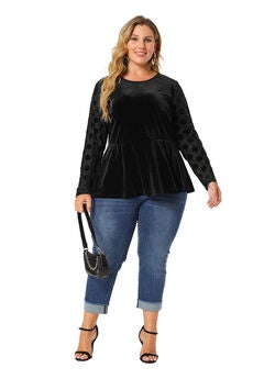 POLKA DOTS SHEER SLEEVE VELVET PEPLUM TOP