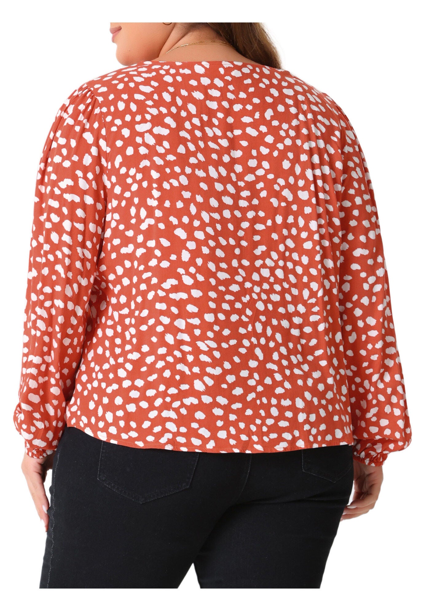 Polka Dot V Neck Long Sleeve Blouse Shirt, Orange / Orange, alternate image number 2