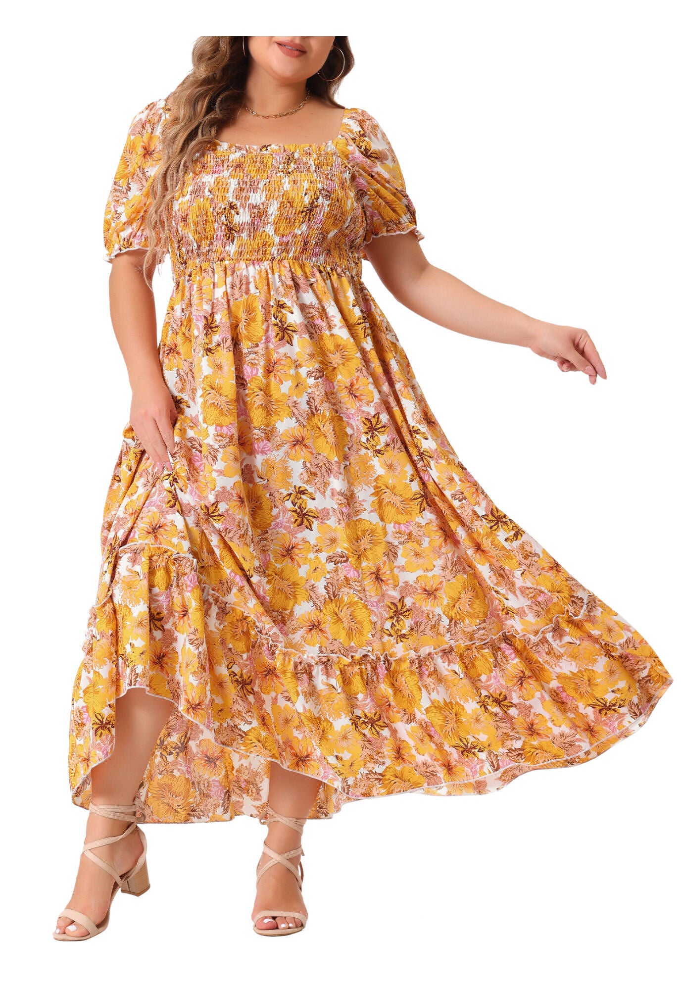 Short Sleeve Shirred Square Neck Floral Maxi Dress, Dark Yellow / Yellow, alternate image number 1