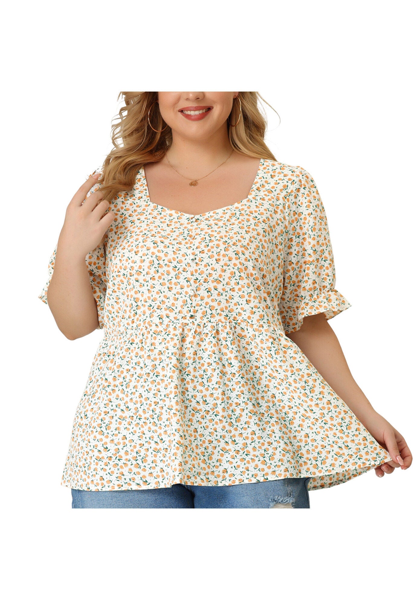 Sweetheart Neck Floral Peplum Top, White / White, alternate image number 2