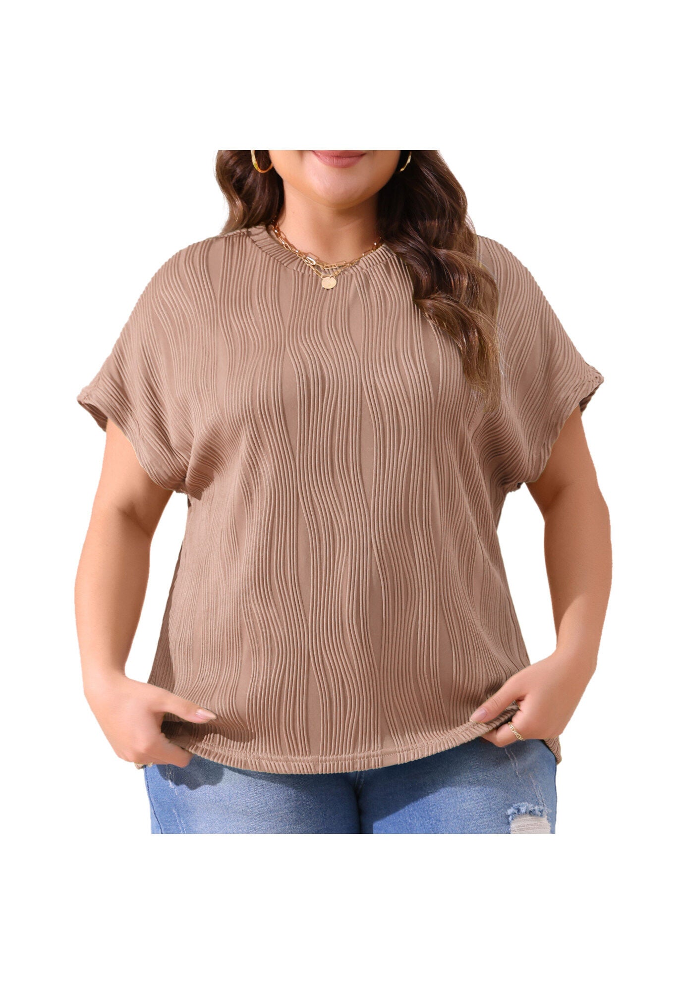 Short Sleeve Textured Top Crewneck T-Shirt, Brown / Brown, alternate image number 1
