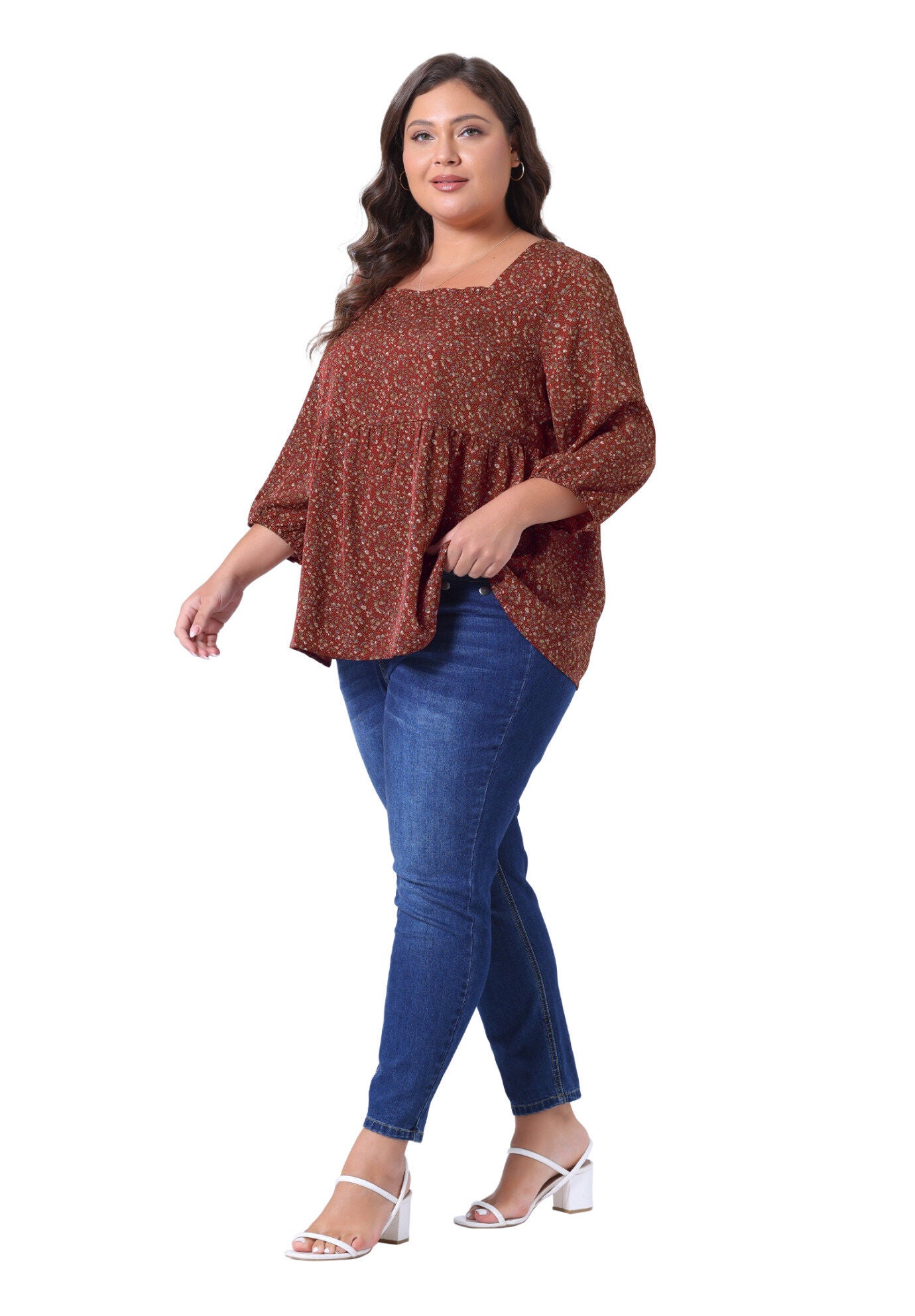 3/4 Sleeve Floral Peplum Babydoll Blouse, Burgundy / Burgundy, hi-res image number 0