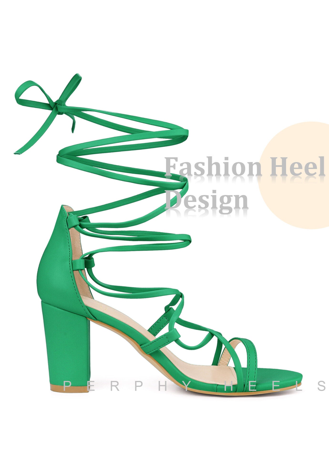 Strappy Strap Lace Up Chunky Heel Sandals, Green / Kelly Green, alternate image number 3