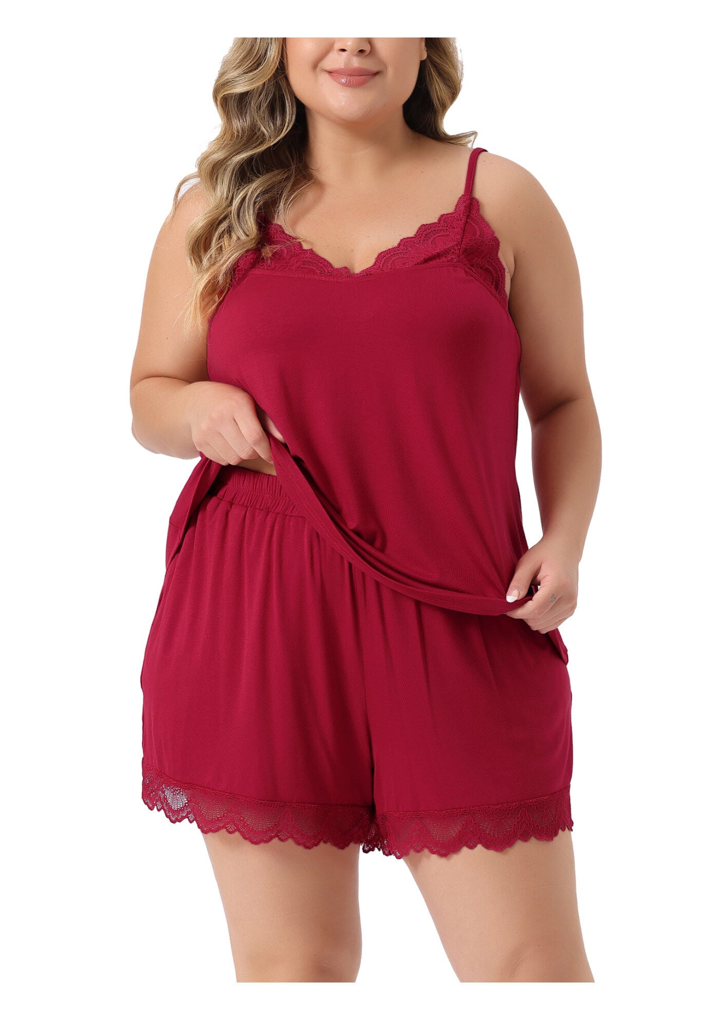LACE CHEMISE SHORTS SET NIGHTWEAR SLEEPWEAR LOUNGE SET, Red / Red, alternate image number 2
