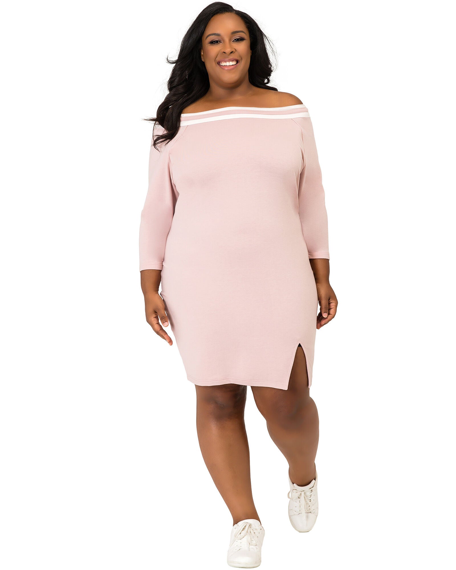 Eva Dusty Mauve Atheletic Stripe Off-The-Shoulder Knee-Length Dress, Pink / Pink, alternate image number 1