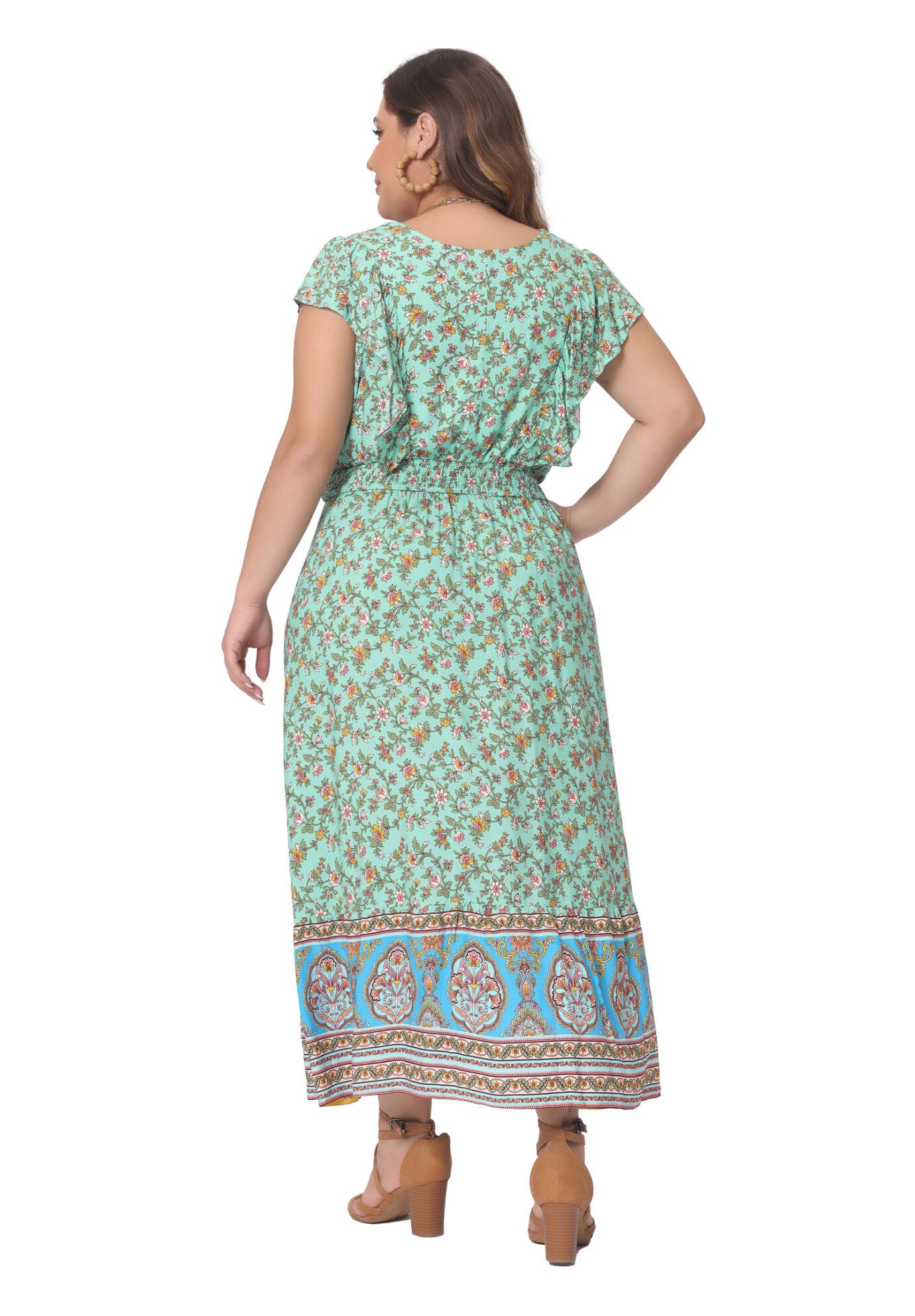 V Neck Ruffle Sleeve Boho Floral Maxi Long Dress, Mint Green / Mint, alternate image number 2