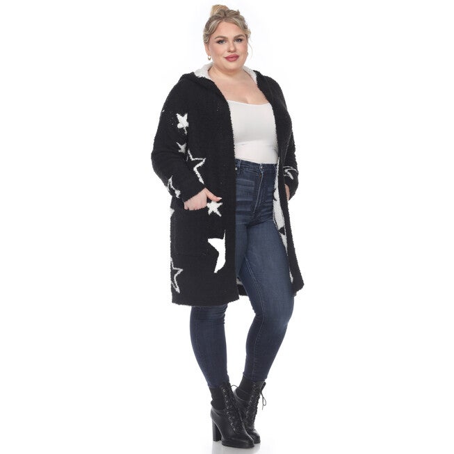 Hooded Open Front Sherpa Coat, BlackWhite Stars / Black, alternate image number null