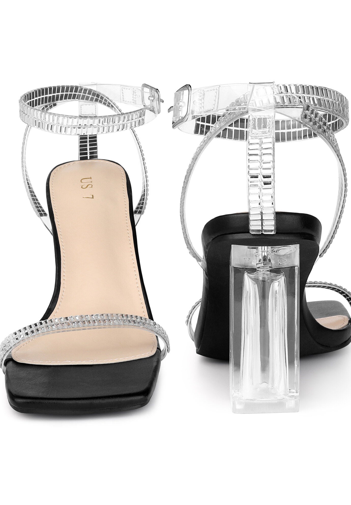 Square Toe Rhinestone Strap Clear Block Heels Sandals, Black / Black, alternate image number 2