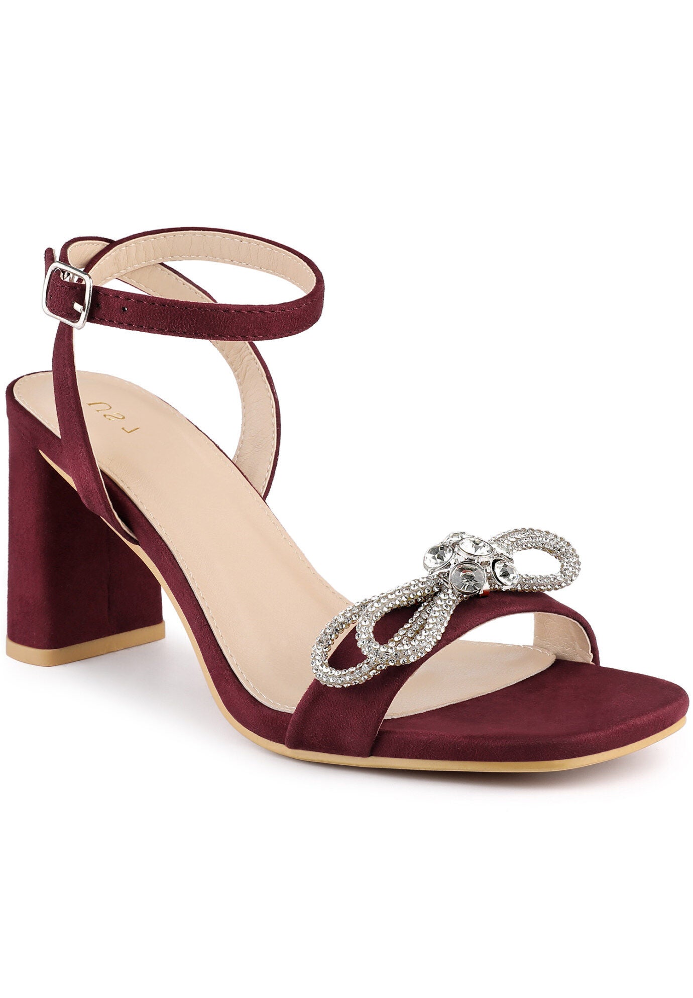 Rhinestone Bow Slingback Chunky Heels Sandal, Burgundy / Burgundy, hi-res image number 0