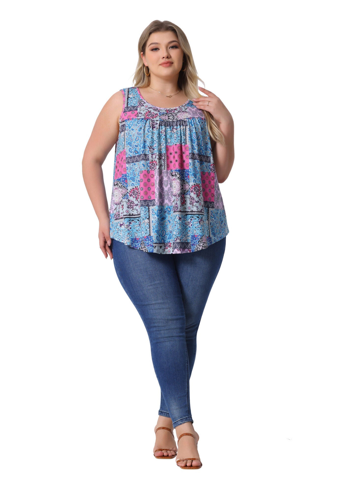 Round Neck Pleated Babydoll Boho Tank Tops, Blue / Light Blue, hi-res image number 0