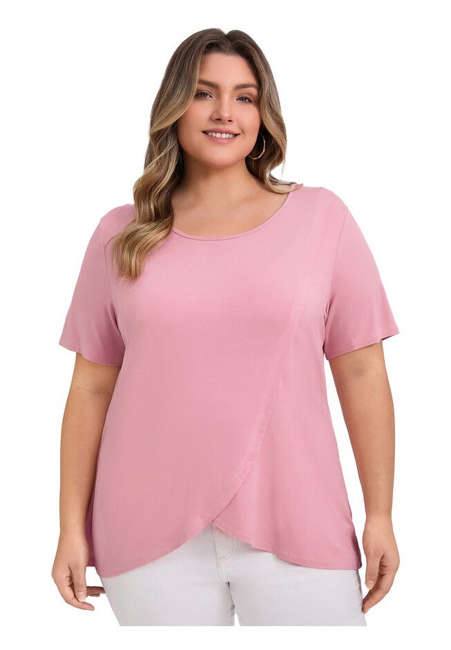 Short Sleeve Blouse Crossover Asymmetric Tulip Hem Top, Pink / Pink, hi-res image number 0