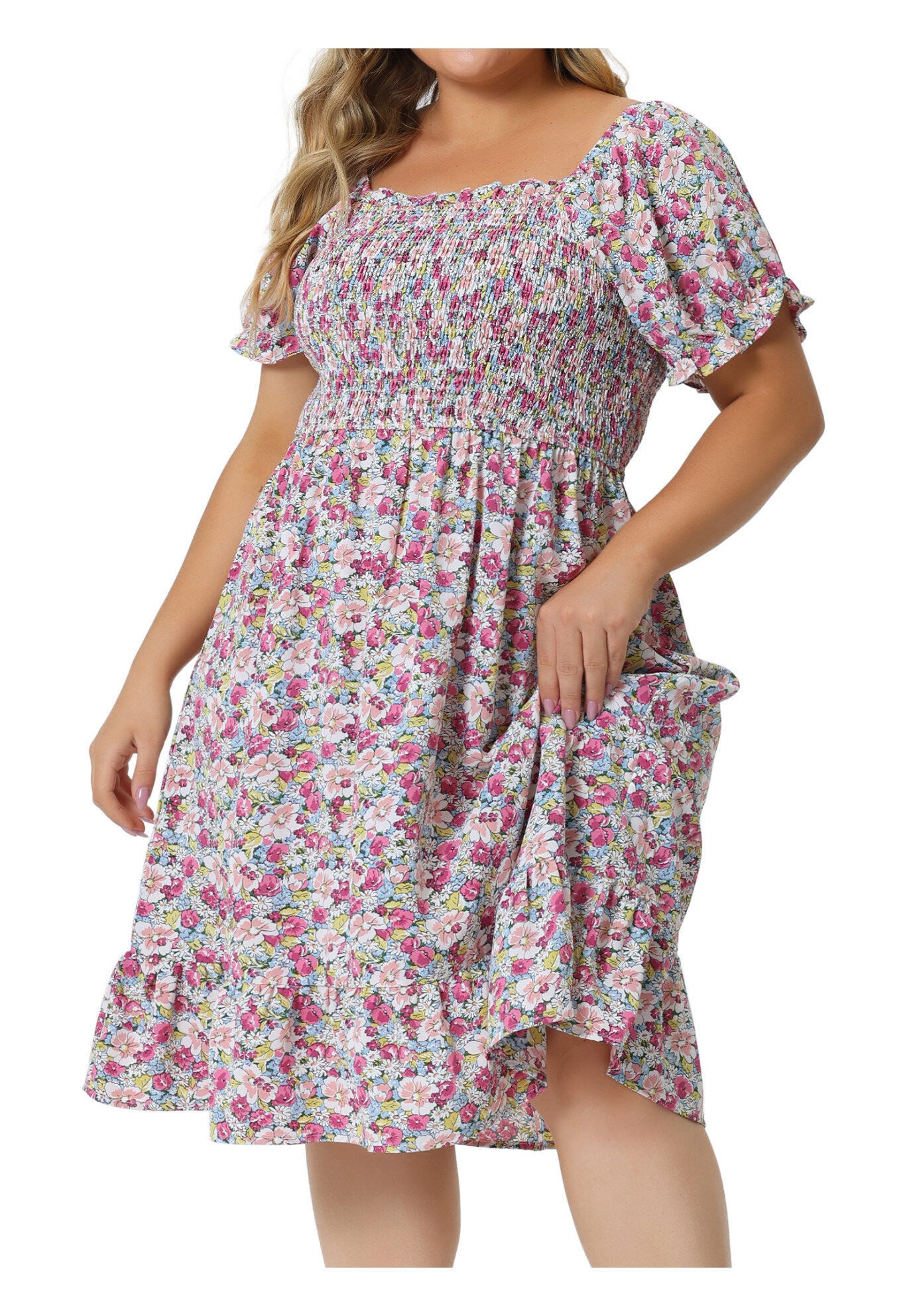 Ruffle Short Sleeve Flared Flowy Smock Floral Print Dress, Pink / Pink, alternate image number 2