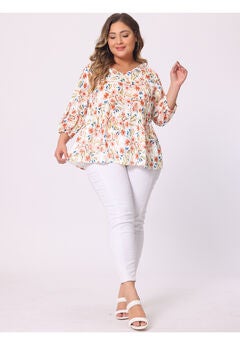 V Neck Babydoll Flowy 3/4 Lantern Sleeve Floral Blouse