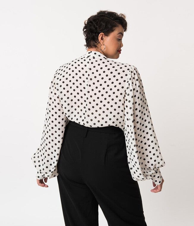 Unique Vintage White & Black Polka Dot Neck Tie Gwen Blouse, White / White, alternate image number 2