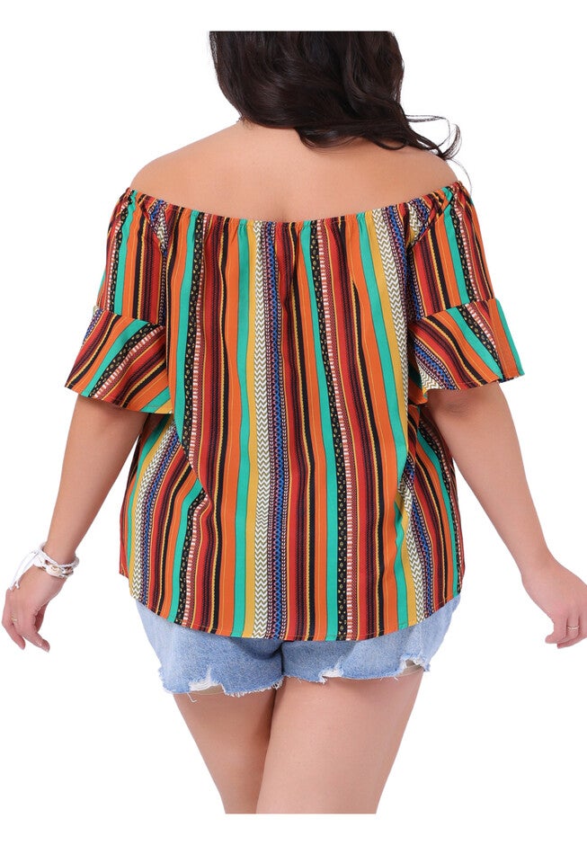 Boho Off Shoulder Short Sleeve Striped Top, Orange / Burnt Orange, alternate image number 3