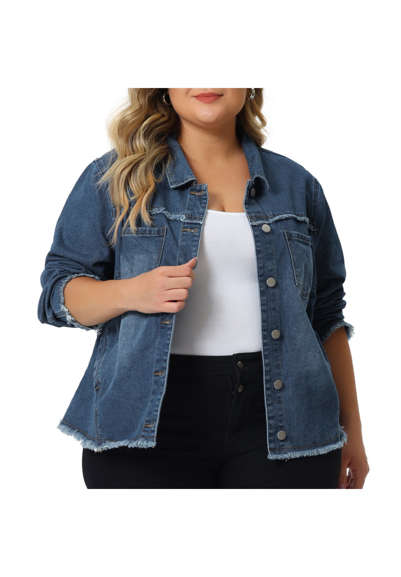 FRAYED HEM CLASSIC WASHED DENIM JEAN JACKET, Blue / Chambray Denim Medium, alternate image number 1