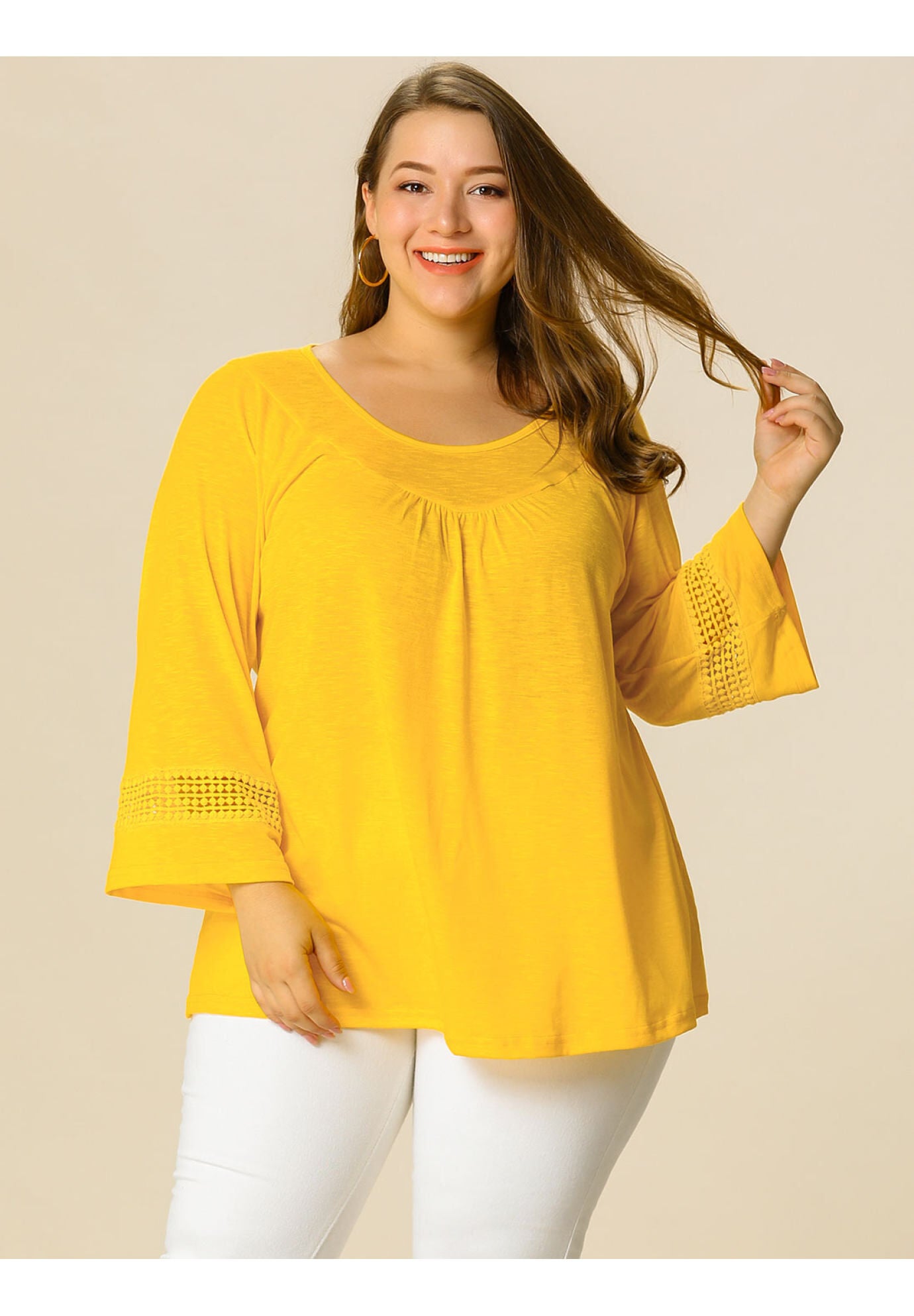 CROCHET PANEL HOLLOW OUT PLEATED TUNICS BLOUSE TOP, Yellow / Yellow, alternate image number 1