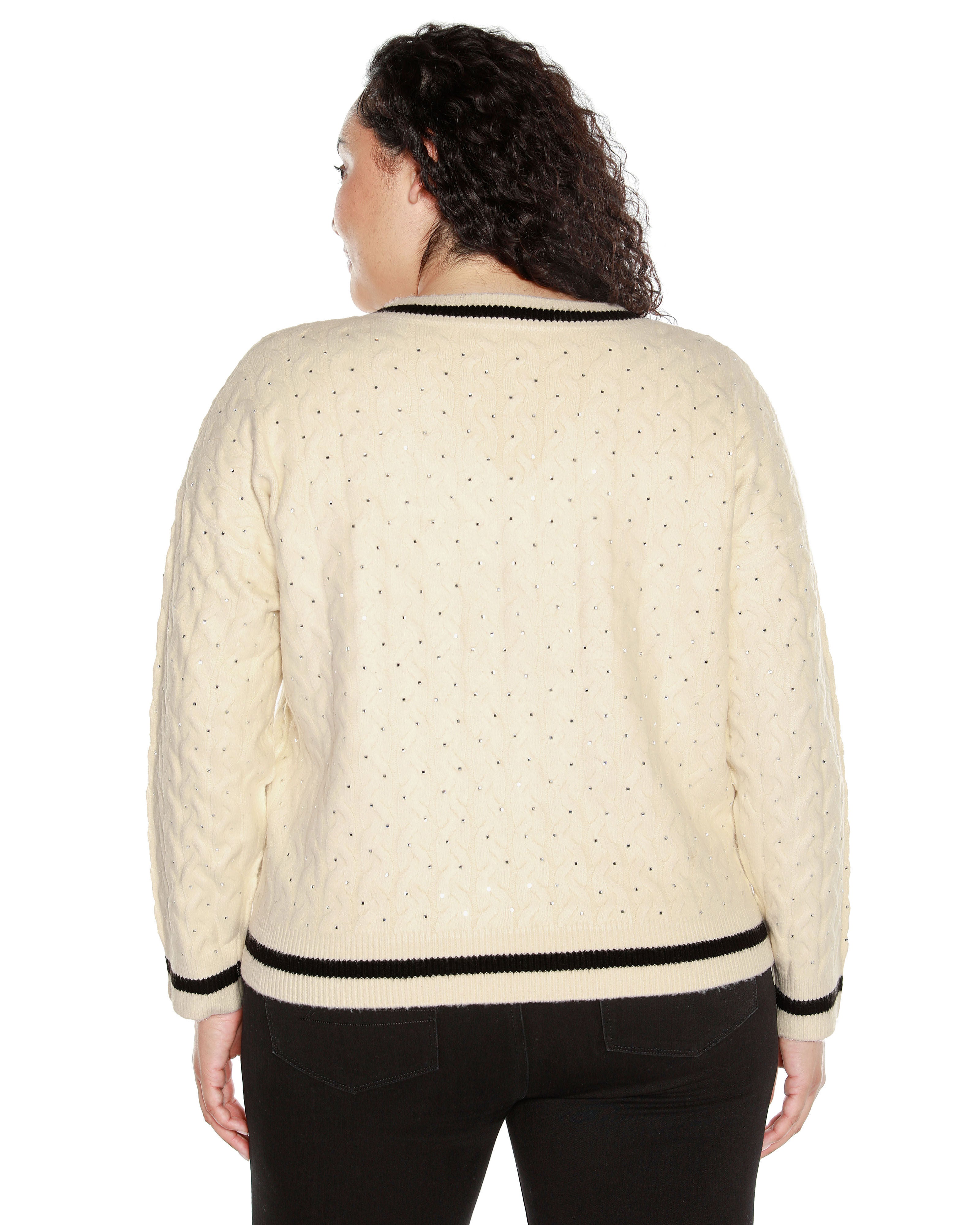 EMBELLISHED CABLED V-NECK SWEATER, Winter White  Black / Cream, alternate image number 1