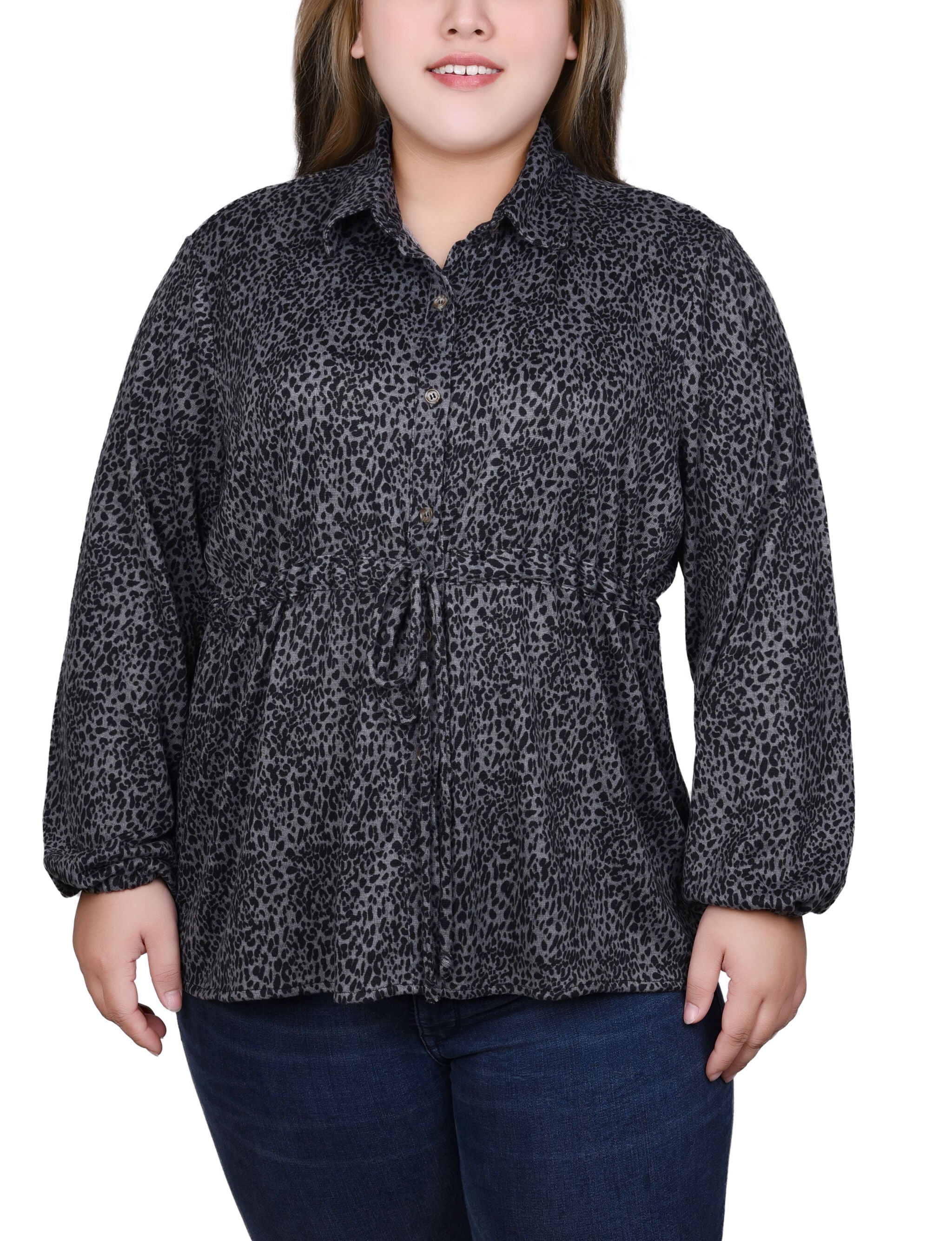 Long Dolman Sleeve Drawstring-Waist Tunic Top, Grey Black Animal, hi-res image number 0