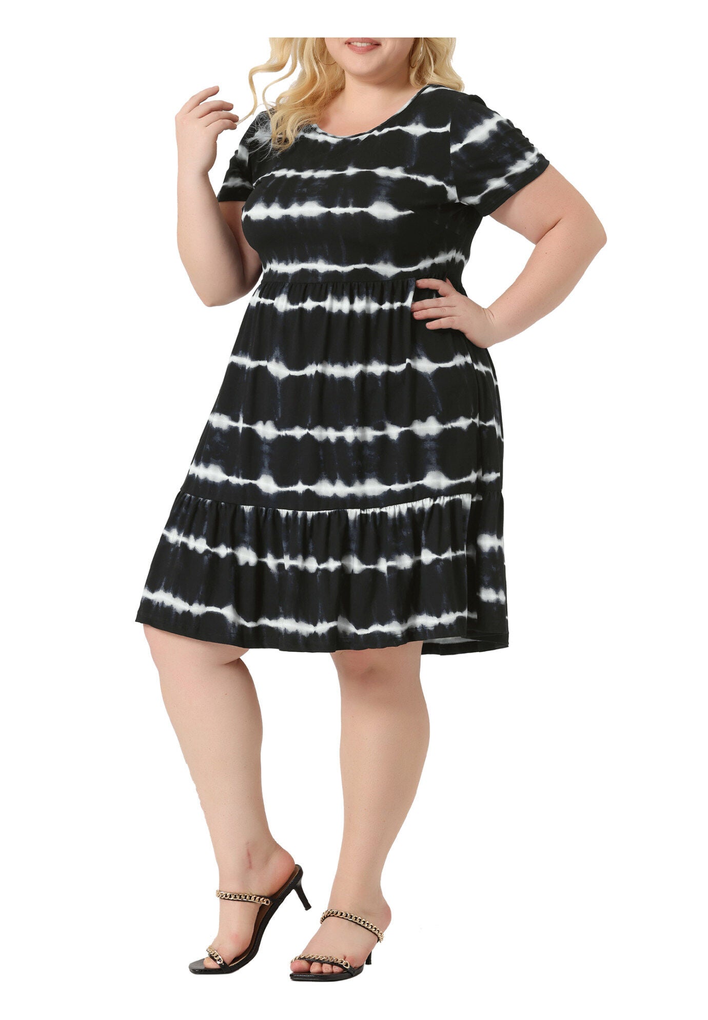 Summer Tie Dye Striped A Line Casual Swing T-Shirt Dress, Black / Black, alternate image number 1