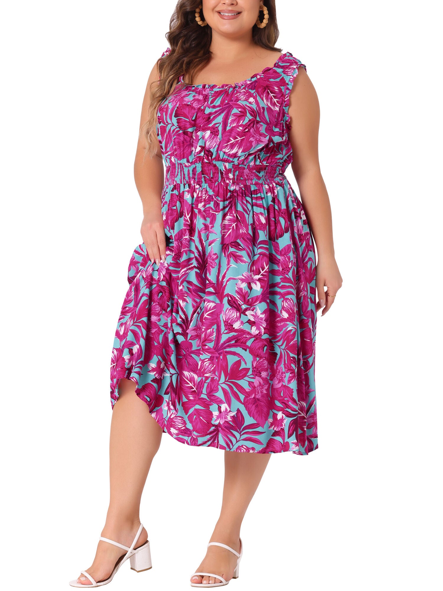 Square Neck Floral Stretchy Waist Midi Summer Dress, Hot Pink / Pink, alternate image number 3