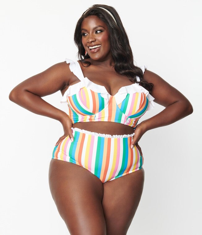 Unique Vintage Rainbow Striped Cape May Swim Bottoms, Rainbow Striped / White, alternate image number 2