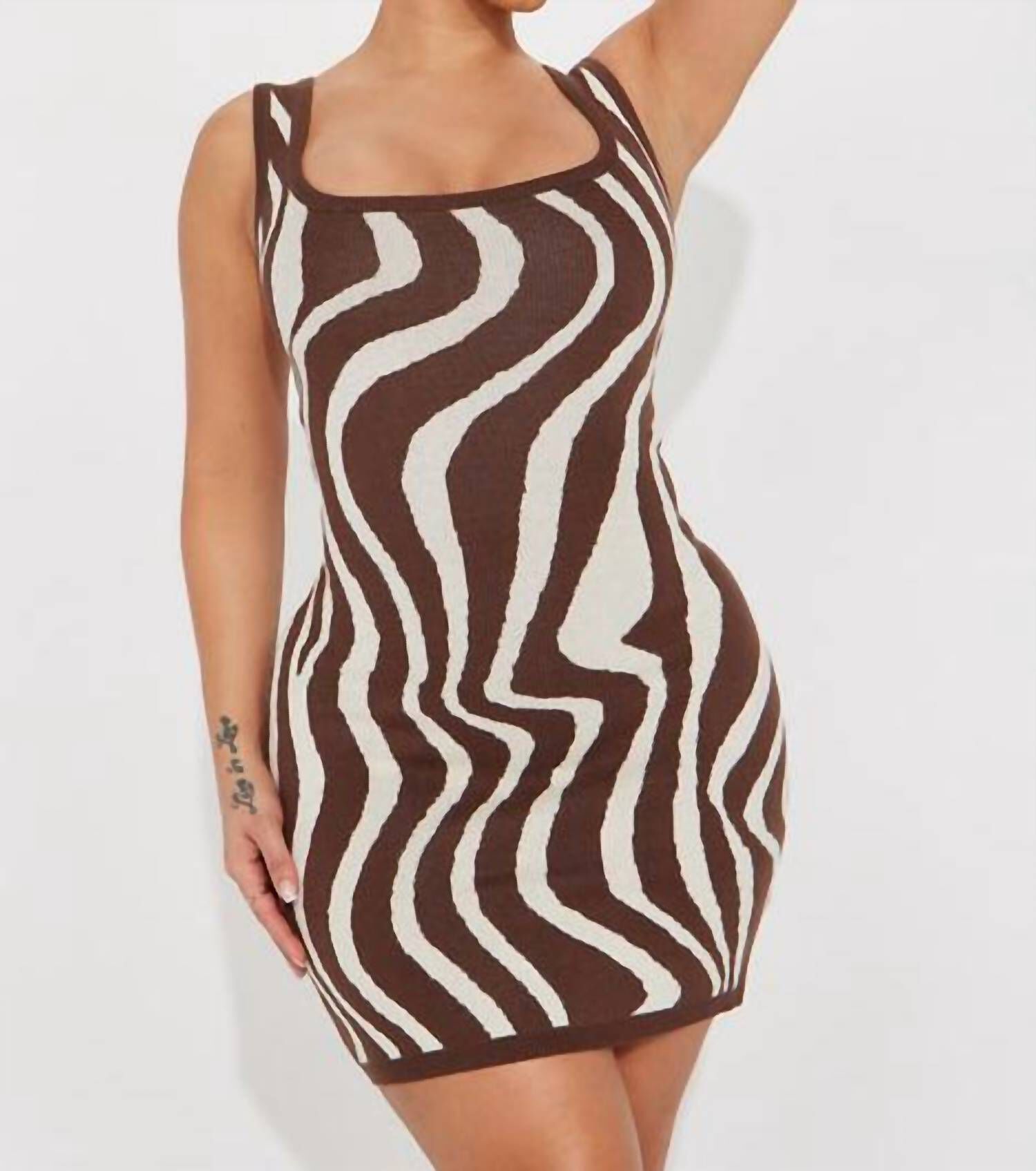 ZEBRA KNIT MINI DRESS IN CHOCOLATE, Chocolate / Brown, hi-res image number 0
