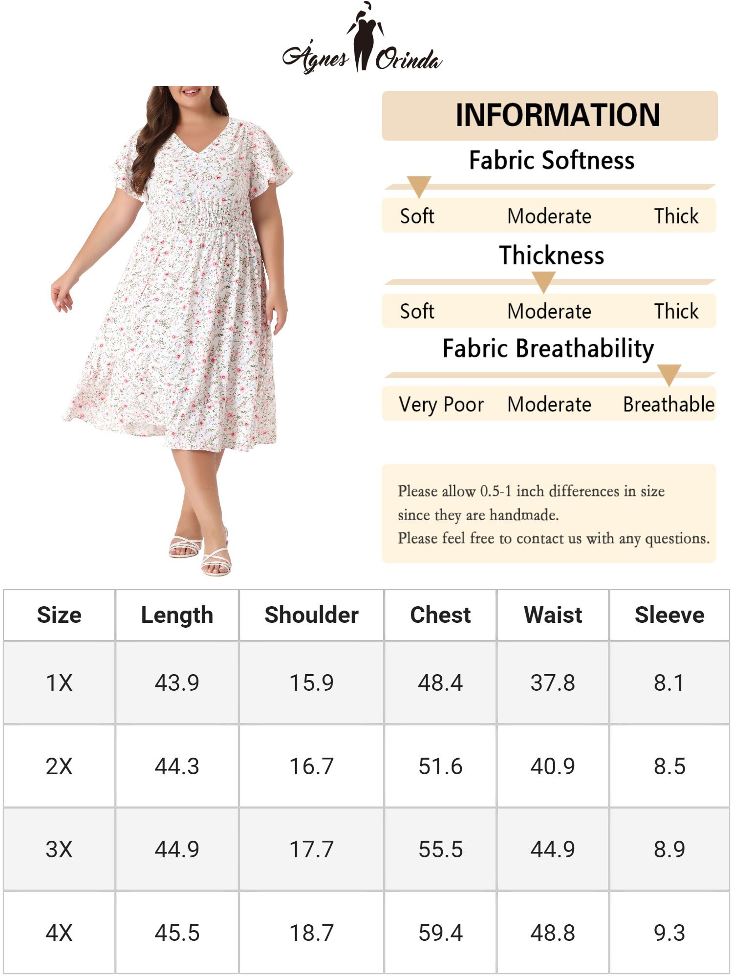 Summer Floral Print V Neck Smocked A-Line Flowy Midi Dress, White / White, alternate image number 2