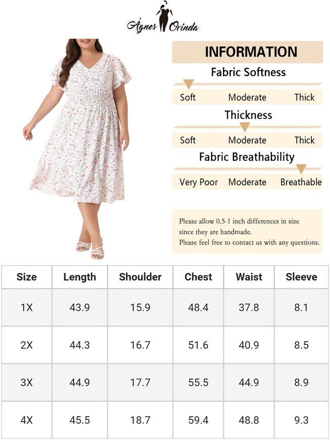 Summer Floral Print V Neck Smocked A-Line Flowy Midi Dress, White / White, alternate image number 2