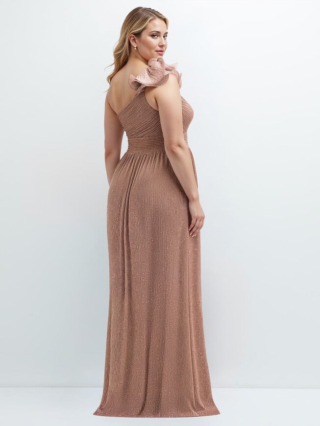 Dramatic Ruffle Edge One-Shoulder Metallic Pleated Maxi Dress, Metallic Sienna / Peach, alternate image number null