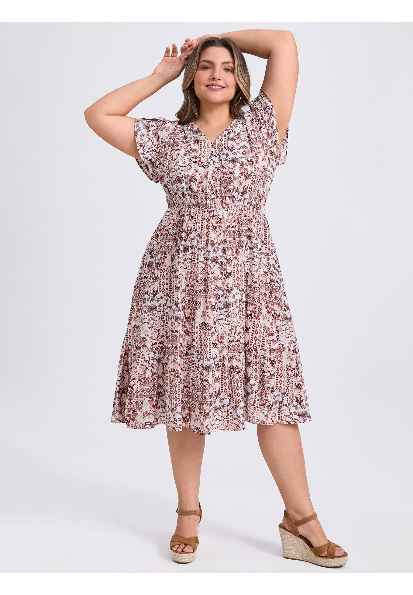 Floral Print V Neck Cap Sleeve A Line Flowy Midi Dress with Pockets, Brown Red / Burnt Orange, alternate image number 1