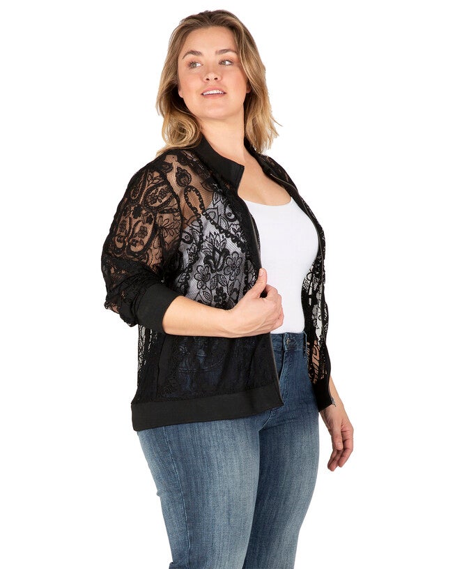 Plus Size Aria Women's Peek-A-Boo Lace Bomber Jacket, , alternate image number 7