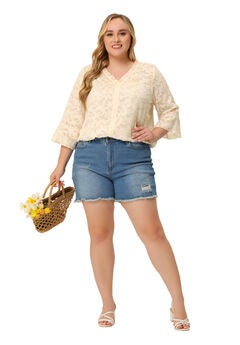 Ruffle V Neck 3/4 Bell Sleeve Semi Sheer Blouse