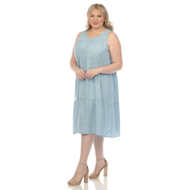 Sleeveless Tiered Chambray Midi Dress, , alternate image number null