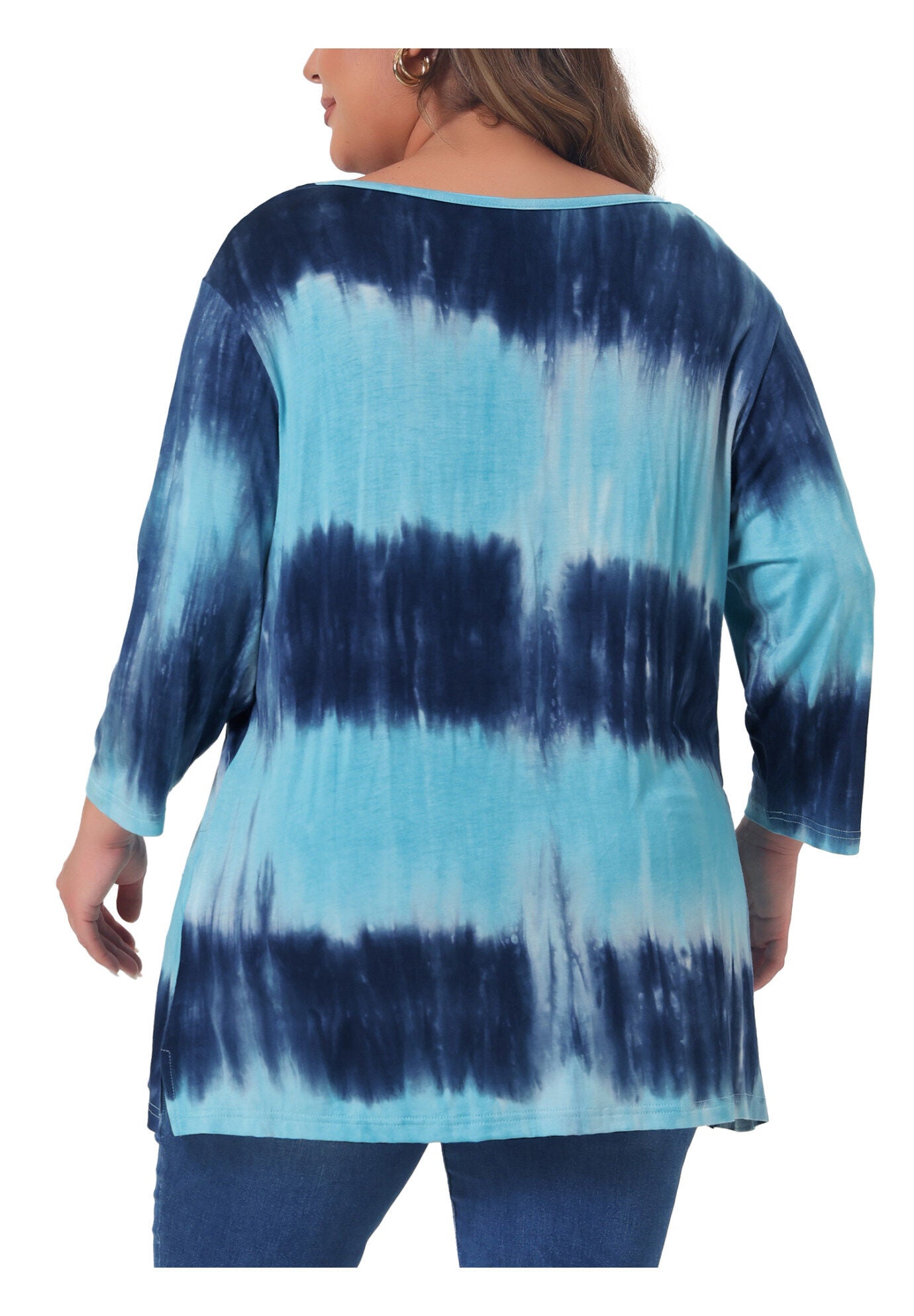 V Neck 3/4 Sleeve Loose Casual Striped Tie Dye Print T-Shirt Top, Lake Blue / Teal, alternate image number 3