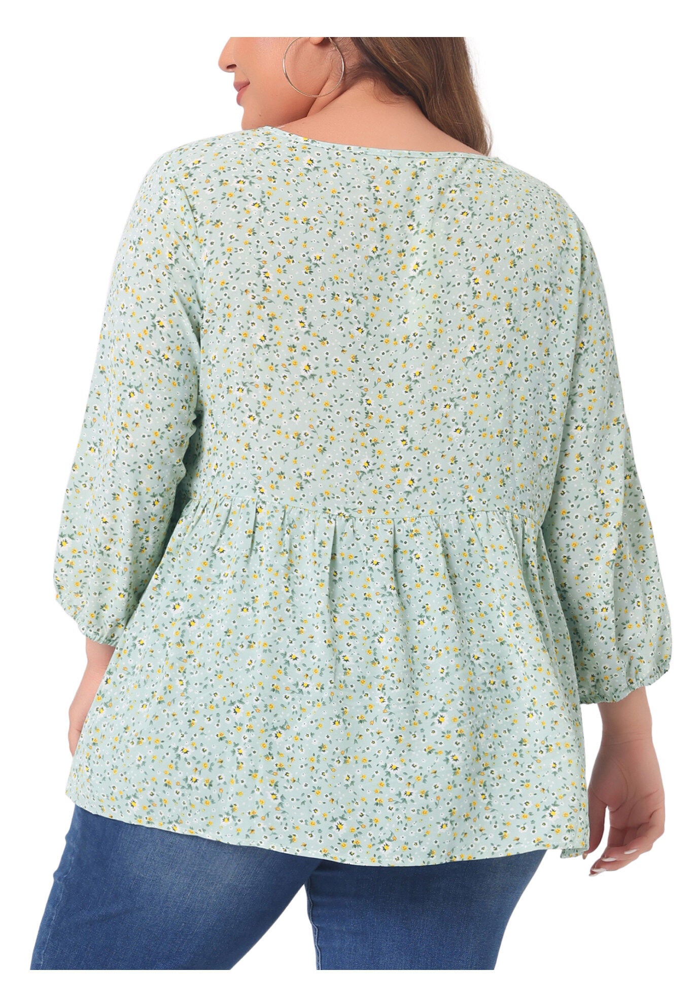 3/4 Sleeves Babydoll Chiffon Keyhole Floral Flowy Top Blouse, Light Green / Light Green, alternate image number 3