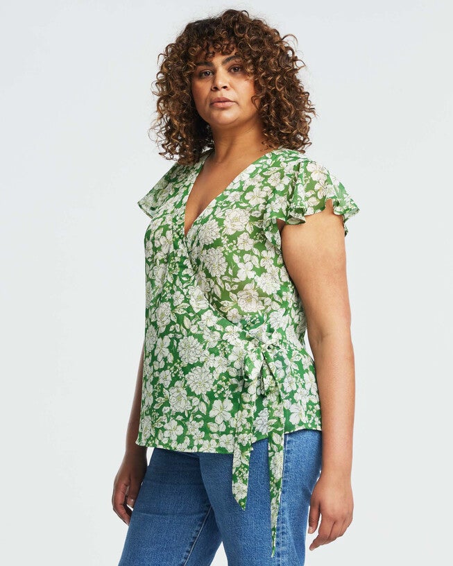 Sheer Floral Field Wrap Top, , alternate image number null