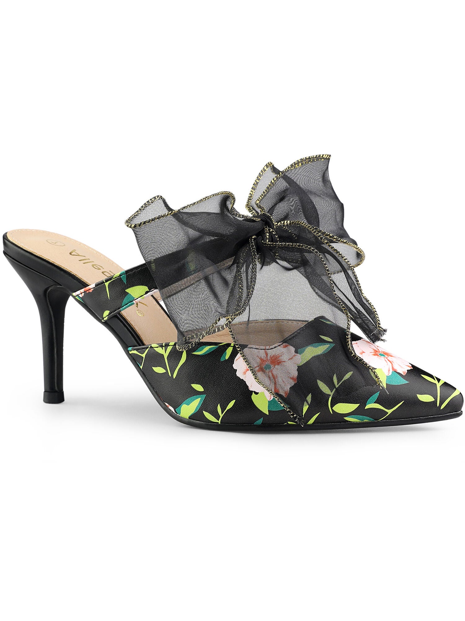 Pointed Toe Lace Bow Stiletto Heels Floral Mules, Black / Black, hi-res image number 0
