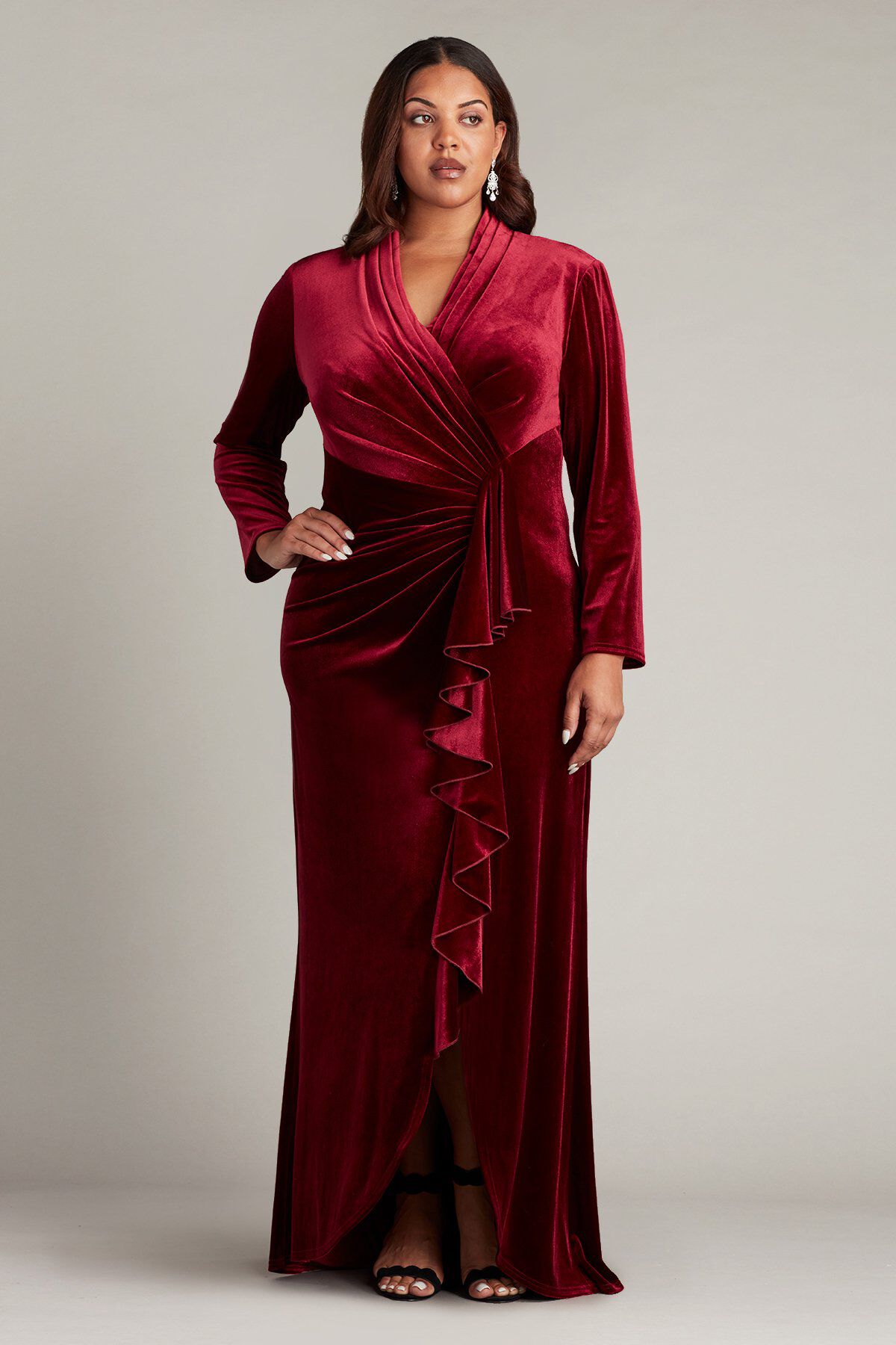 Markum Long-Sleeve Velvet Flounce Gown - PLUS SIZE, POMEGRANATE / see-description, hi-res image number 0