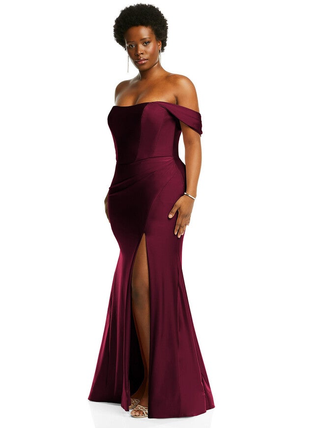 Off-the-Shoulder Corset Stretch Satin Mermaid Dress with Slight Train, , alternate image number null