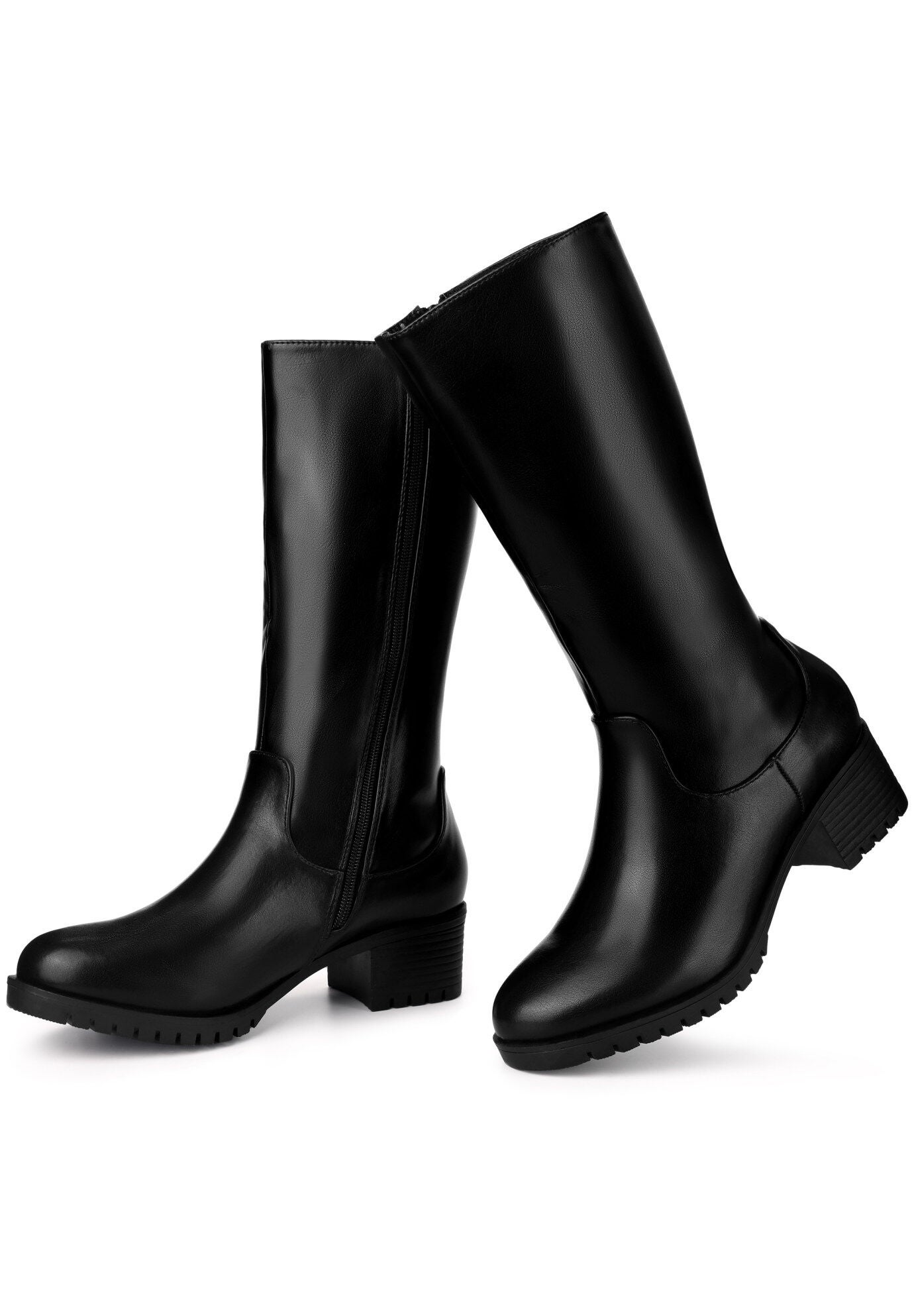 Riding Combat Boot Round Toe Chunky Heels Mid Calf Boots, Black / Black, alternate image number 1