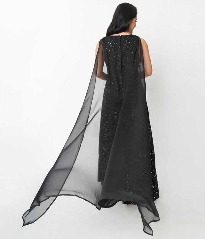 Unique Vintage Black Velvet Constellation Cape Gown, , alternate image number null