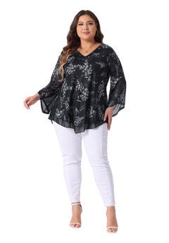 V Neck Mesh Flowy 3/4 Flared Sleeve Tunic Blouse Top