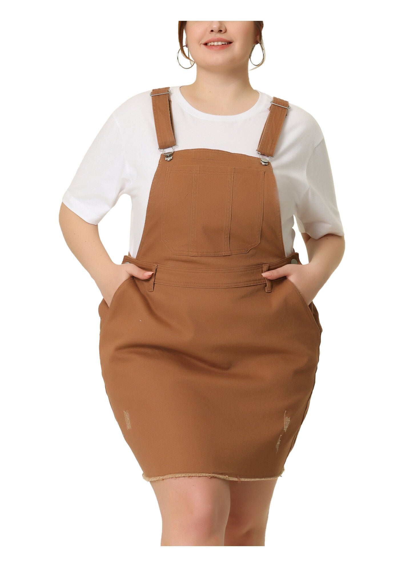 ADJUSTABLE STRAP DISTRESSED DENIM SUSPENDER SKIRT OVERALL DRESS, Brown / Brown, alternate image number 2