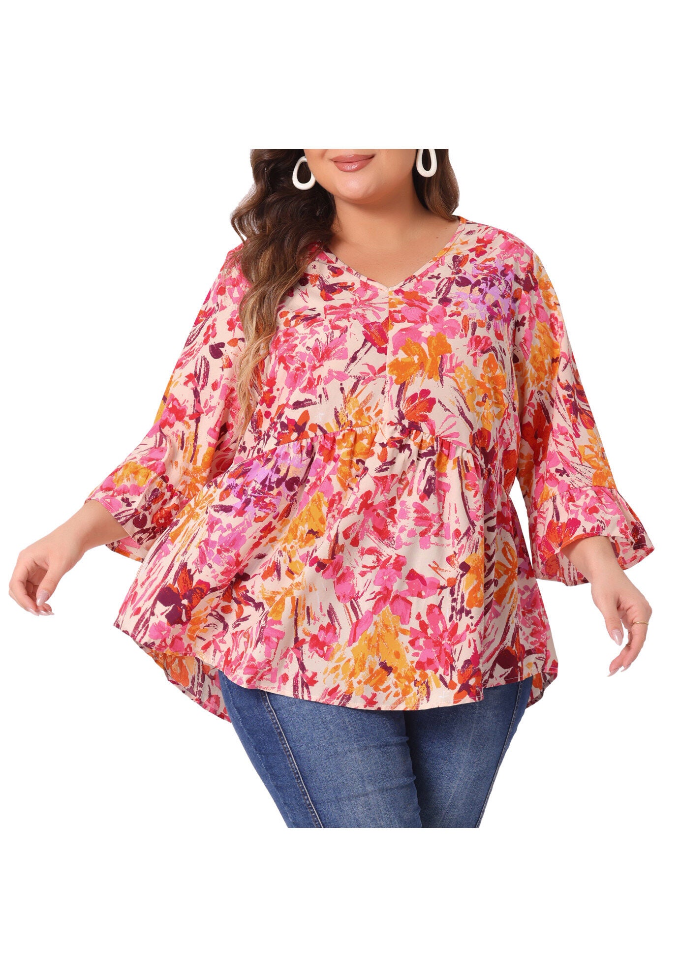 Floral V Neck Ruffle Sleeve Babydoll Peplum Blouse, Orange Pink / Orange, alternate image number 2